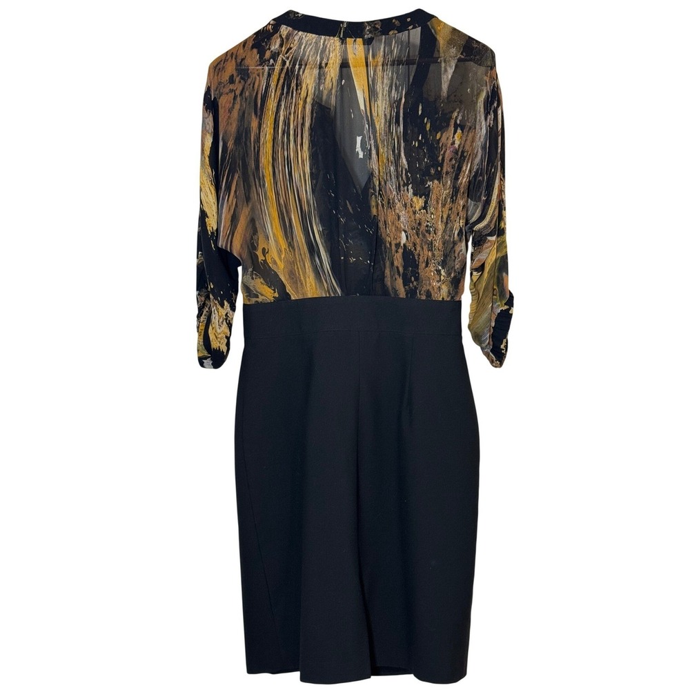 Black Halo Sheer Watercolor Blouson Sheath Dress Black Mustard Women 12 - Picture 3 of 9